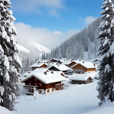 Snowy Alpine Village in Mountains