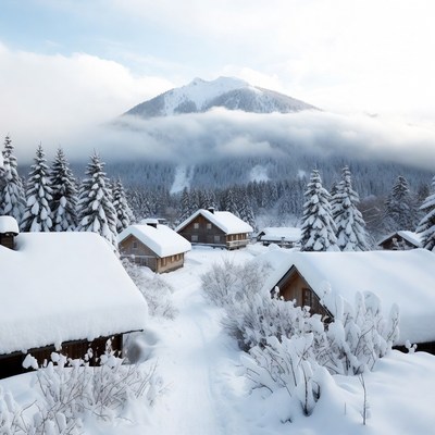 Snowy Alpine Village with Mountain