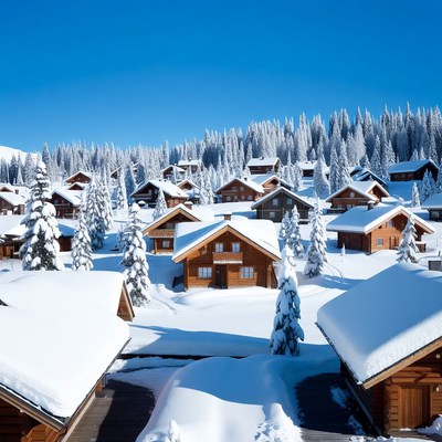 Snowy Chalet Village in Mountains