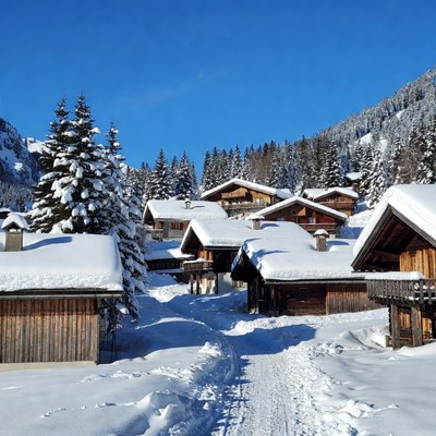 Snowy Alpine Chalets in Winter