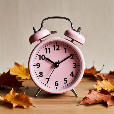 Pink Alarm Clock with Autumn Leaves