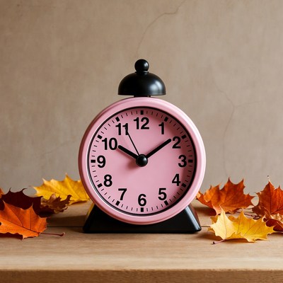 Pink Alarm Clock with Autumn Leaves