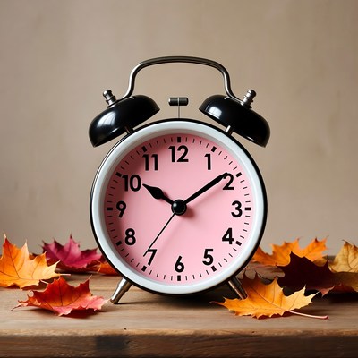 Pink Alarm Clock with Autumn Leaves