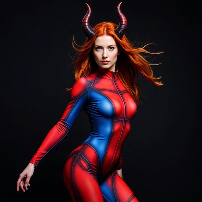 Redhead woman in red blue catsuit with demon horns