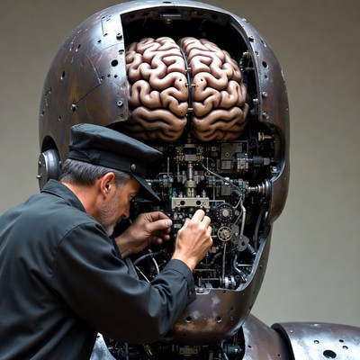 Man repairing robot head