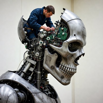 Mechanic repairing giant robot head