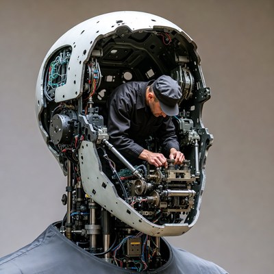 Mechanic repairing robot head interior