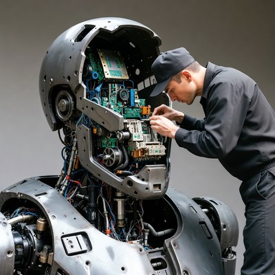 Man repairing robot head