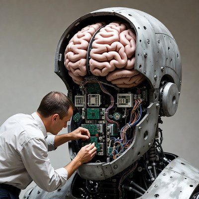 Man repairing robot head with brain