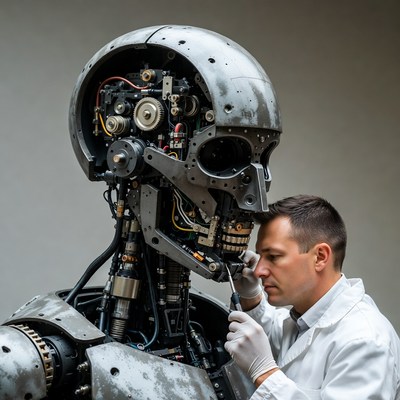 Man repairing robot head