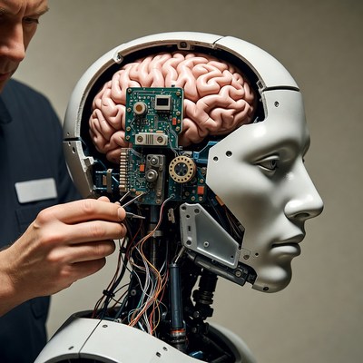 Man repairing robot head with brain