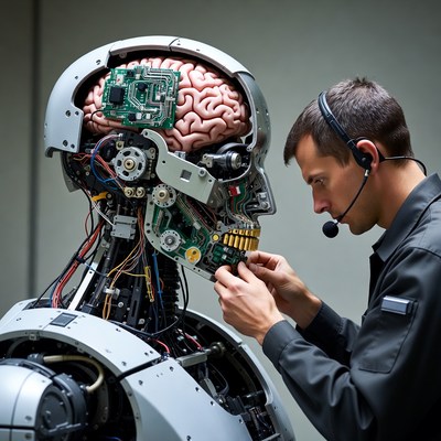 Technician repairing robot head