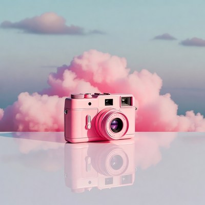 Pink camera on clouds