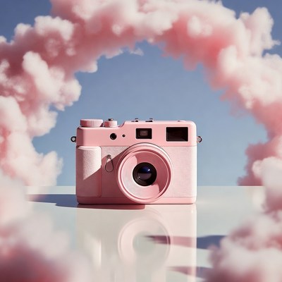 Pink camera with clouds