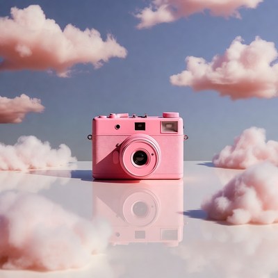 Pink camera on clouds