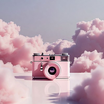 Pink Vintage Camera on Clouds