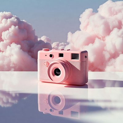Pink camera on reflective surface with clouds