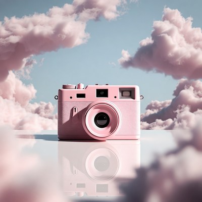 Pink camera on clouds reflection