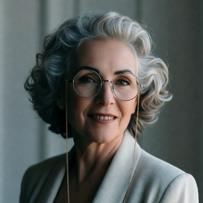 Elderly woman with glasses smiling