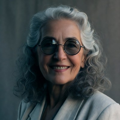Elderly woman with round glasses smiling