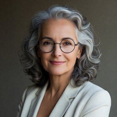 Elderly woman with glasses smiling