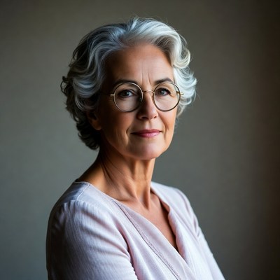 Elderly woman with glasses smiling