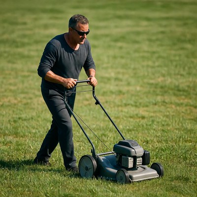 Man mowing lawn with push mower