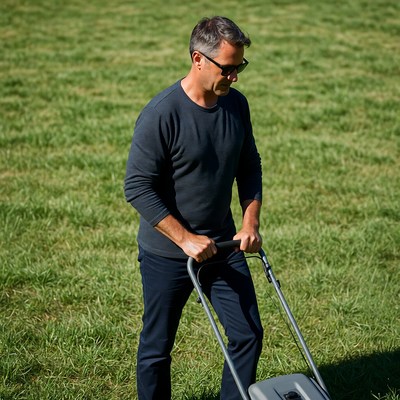 Man mowing green grass lawn