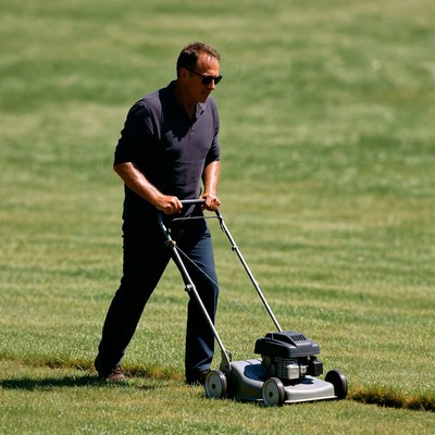 Man mowing lawn with push mower