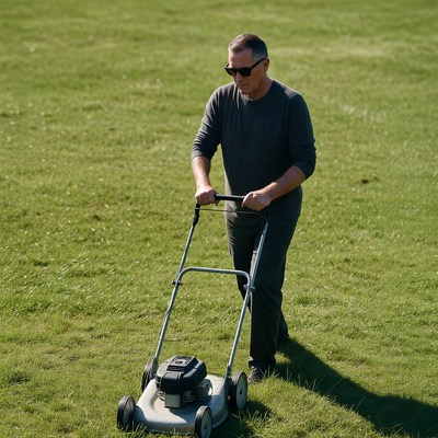 Man mowing lawn with push mower