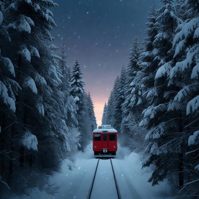 Red Train Snowy Forest Path