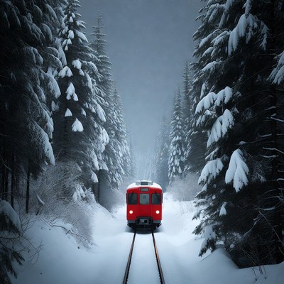 Red Train Snowy Forest Path