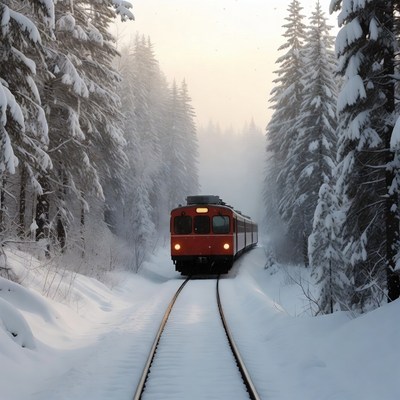 Red Train Snowy Forest Tracks