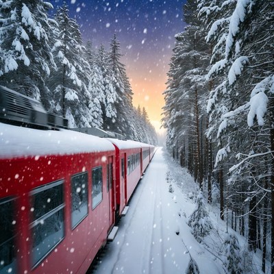 Red Train Snowy Forest Track