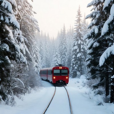 Red Train Snowy Forest Tracks