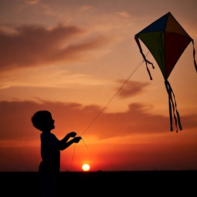 Boy flying kite at sunset silhouette
