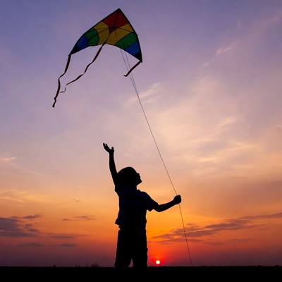Boy flying colorful kite at sunset