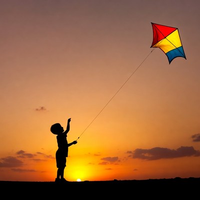 Boy flying colorful kite at sunset