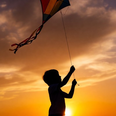 Boy flying colorful kite silhouette sunset