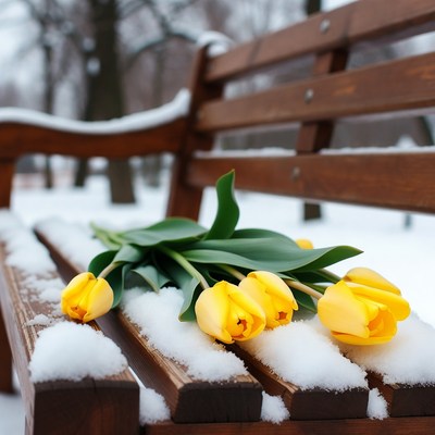 Yellow tulips on snowy park bench