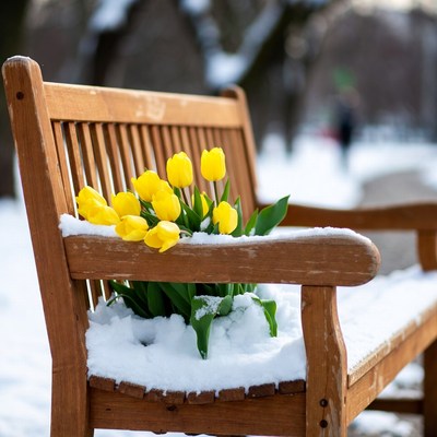 Yellow tulips on snowy wooden bench