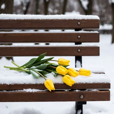 Yellow tulips on snowy park bench