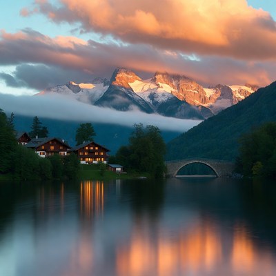 Swiss Chalet Bridge Mountains Sunset Reflection