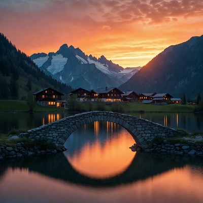 Stone Bridge over Lake at Sunset Mountains