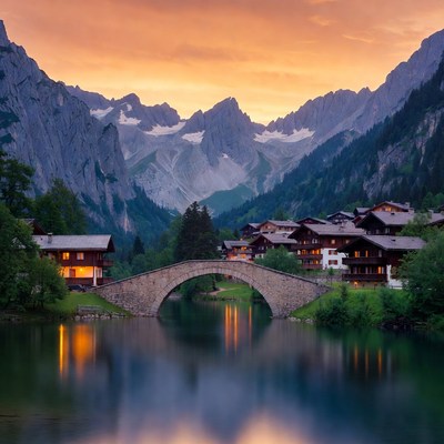 Swiss Village Bridge at Sunset