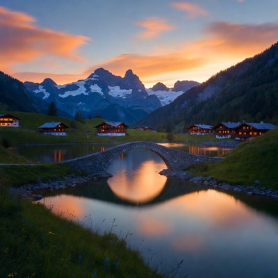 Stone Bridge over Lake with Alpine Chalets