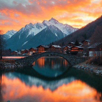 Swiss Village with Stone Bridge at Sunset