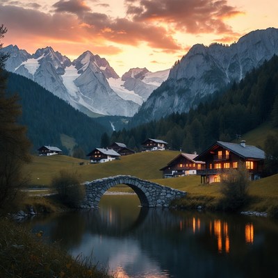 Swiss Alps Chalets Sunset Bridge