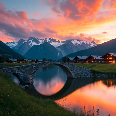 Stone Bridge over Lake at Sunset