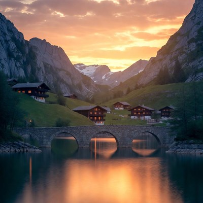 Swiss Chalets by Lake at Sunset